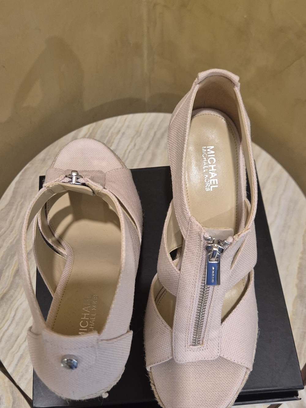 Michael Kors Light Blush Canvas Zip Wedge Sandals